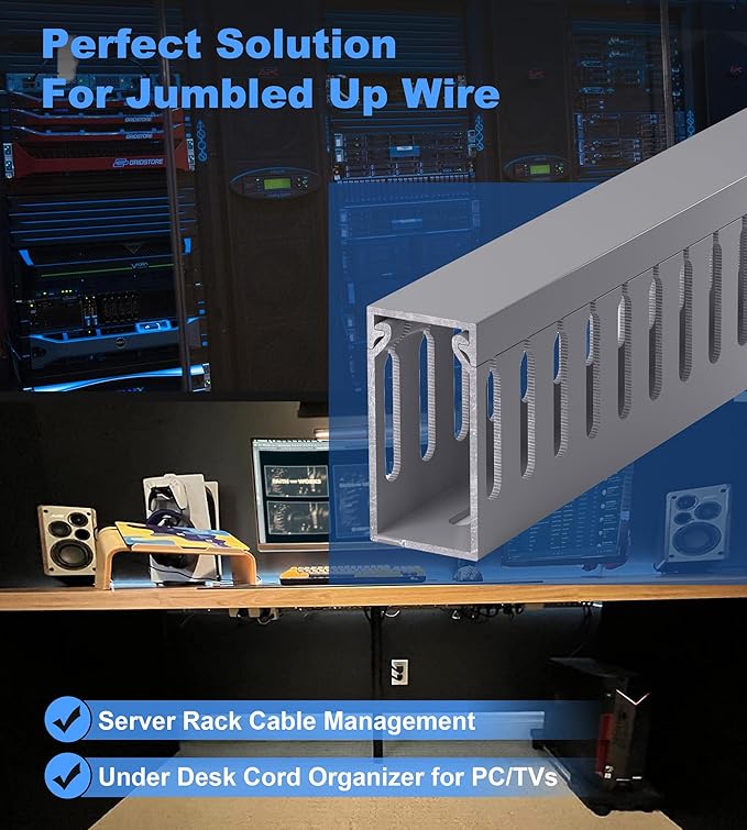 ZhiYo H2in x W1in Server Rack Cable Management Raceway, 99in (6X L16.5in) Cable Raceway Kit, Electrically Safe PVC Open Slot Wire Cover, Cord Hider for Under Desk/Computer/Network Cords, Grey