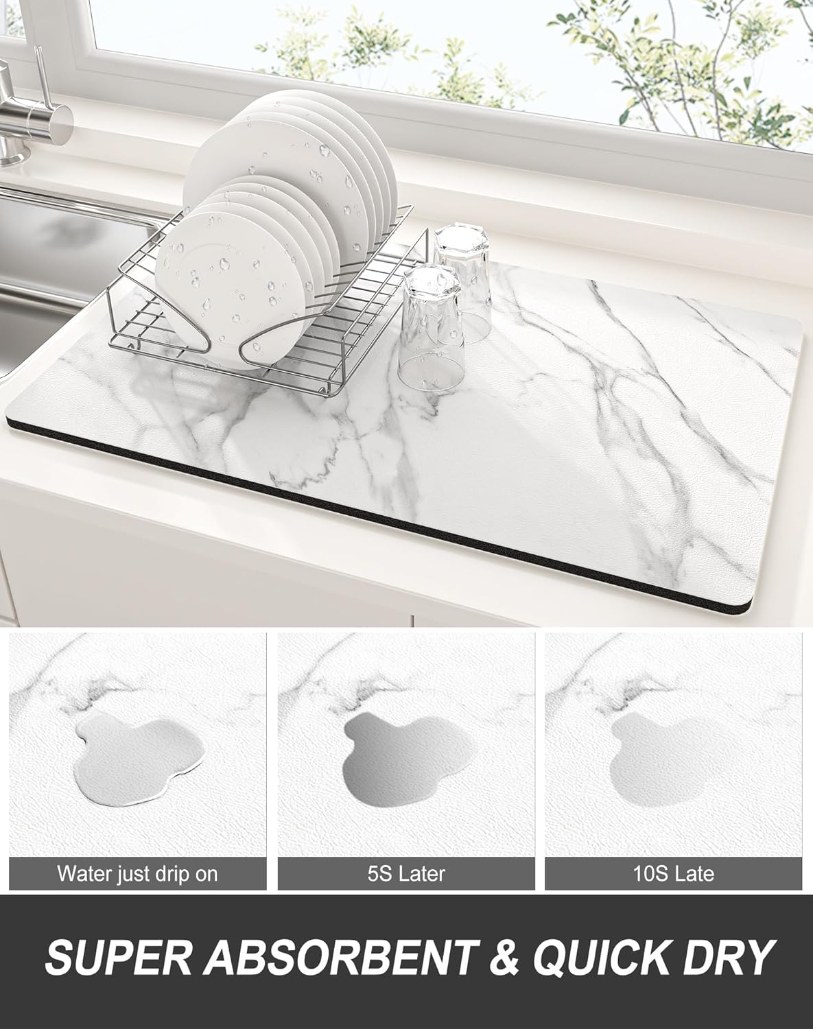 Rnivvi Dish Drying Mat for Kitchen Counter, XL 15 x 24" Cute Marble Super Absorbent Draining Pad, Non-Slip Heat Resistant Coffee Bar Mats for Coffee Machine Station Accessories, White Dish Rack Pad
