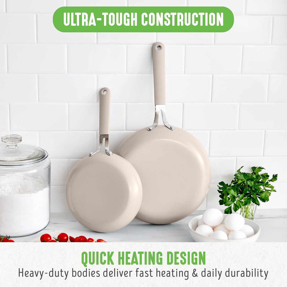 GreenLife 8” & 10” 2 Piece Nonstick Ceramic Frying Pan Set, Lightweight Healthy PFAS-Free Skillets, Dishwasher & Oven Safe, Durable Body, Silicone Stay-Cool Handles, Easy Release, Taupe