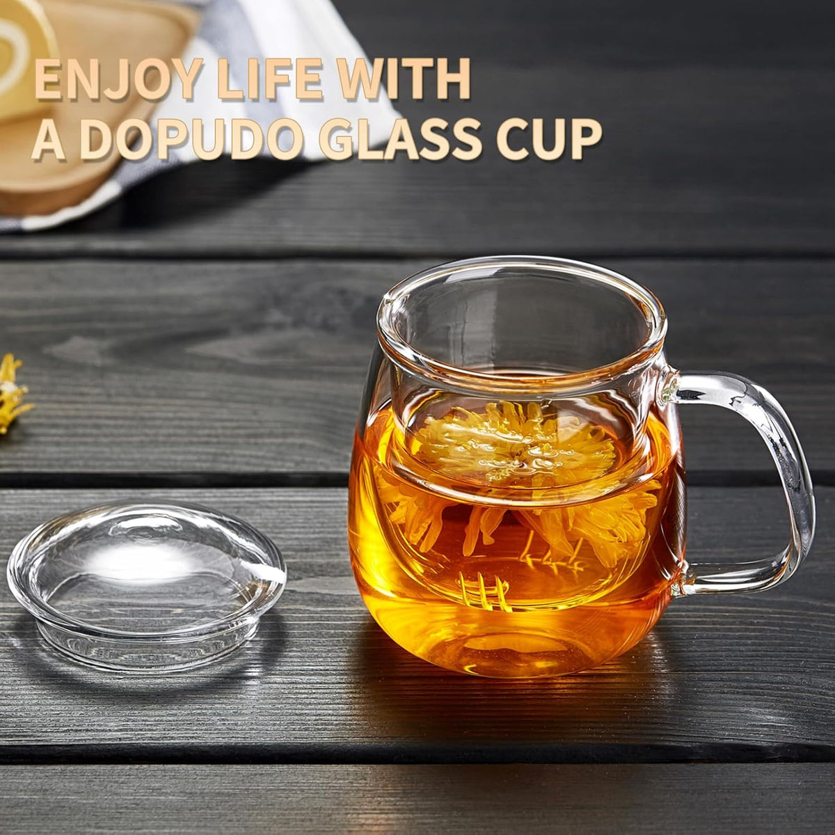 Large Glass Tea Cup, 25.6 oz Borosilicate Glass Tea Mug with Infuser and Lid, Clear Tea Cups for Brewing Scented Tea and Tea Bag