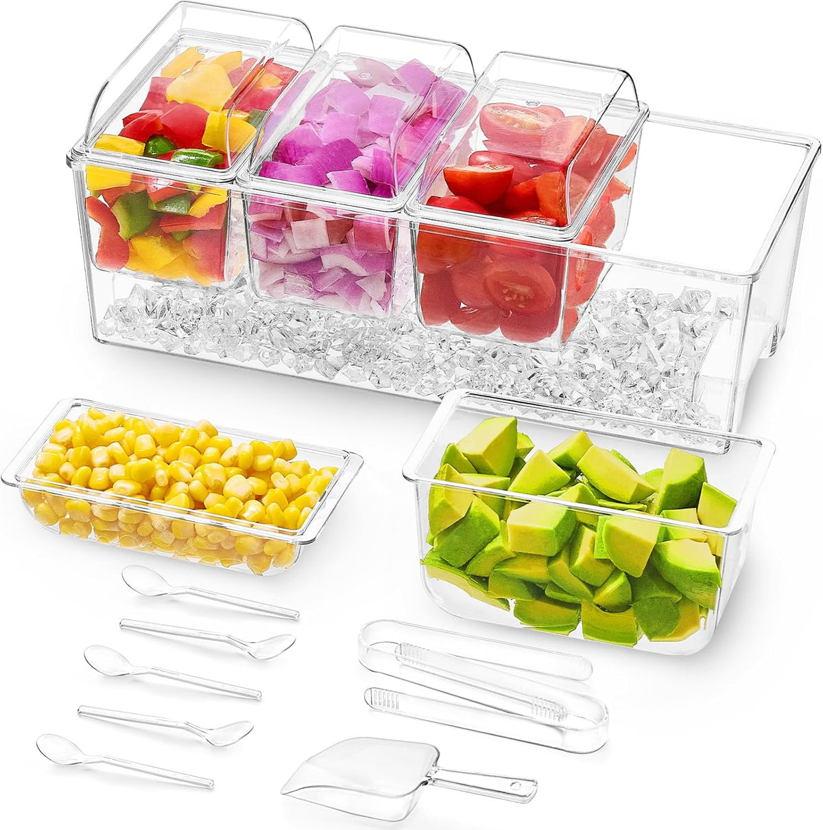 Lifewit Taco Bar Serving Set for Party with 4 Containers(2.5 Cup) & Components, Large Ice Chilled Condiment Caddy Organizer, Garnish Serving Tray Platter for Mimosa Bar Accessories, Fruit, Salad, Food
