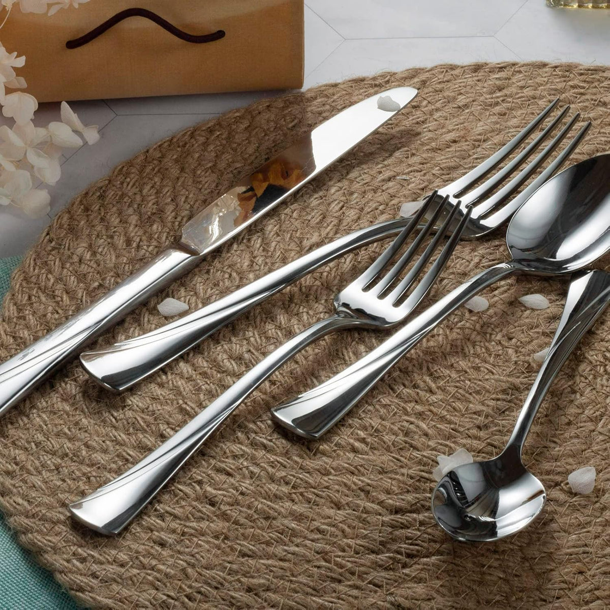 Alata Alice 60-Piece Silverware Set Stainless Steel Flatware Set,Service for 12,Mirror Polished Cutlery Set,Dishwasher Safe