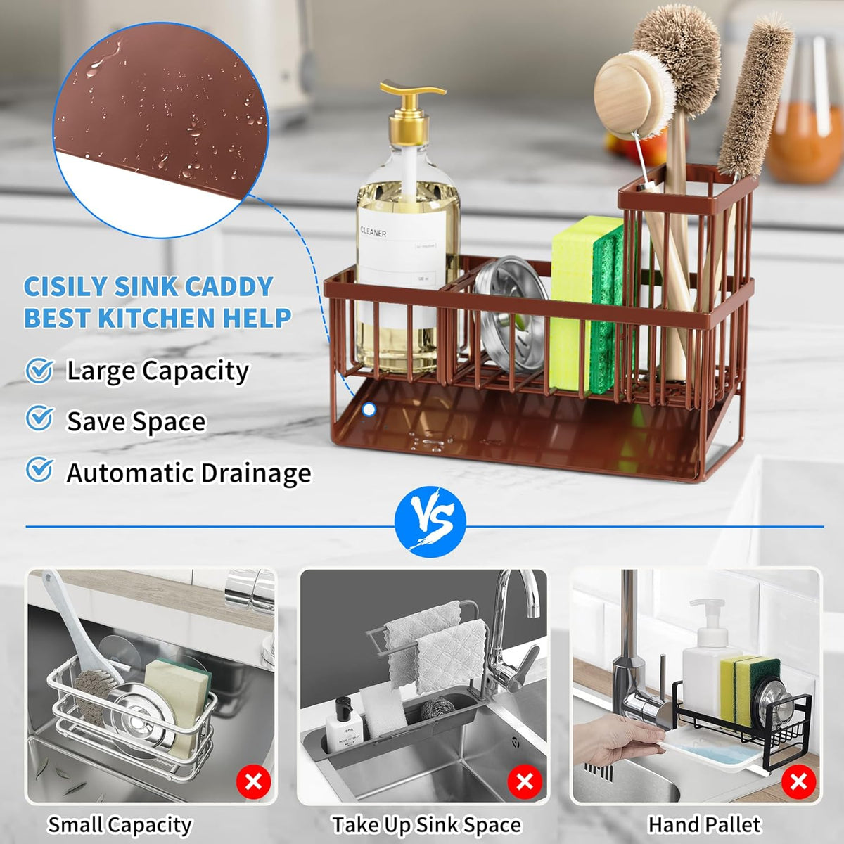 Cisily Kitchen Sink Caddy, Sponge Holder for Kitchen Sink, Kitchen Sink Organzier and Storage with High Brush Holder, Rustproof 304 Stainless Kitchen Gadgets Sink Accessories(Brown)