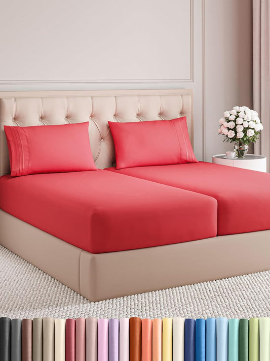 Split King Size 5 Piece Sheet Set - Comfy Breathable & Cooling Bed Sheets Set - Hotel Luxury Bedding for Women, Men, Kids, Teens, Boys & Girls - Deep Pockets, Ultra-Soft, Wrinkle Free - Oeko-Tex - Red