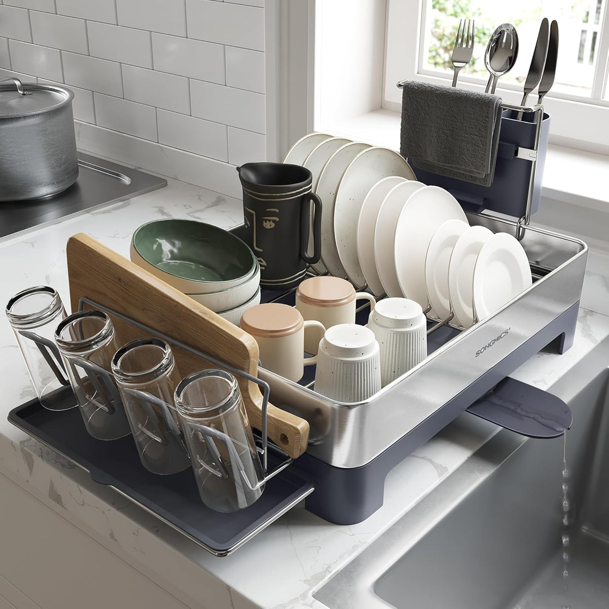 SONGMICS Large Dish Drying Rack, Premium Stainless Steel Dish Rack with Rotatable Spout, Fingerprint-Resistant Dish Drainers for Kitchen Counter, 12.5 x 22.5 in, Silver and Gray UKCS030E01