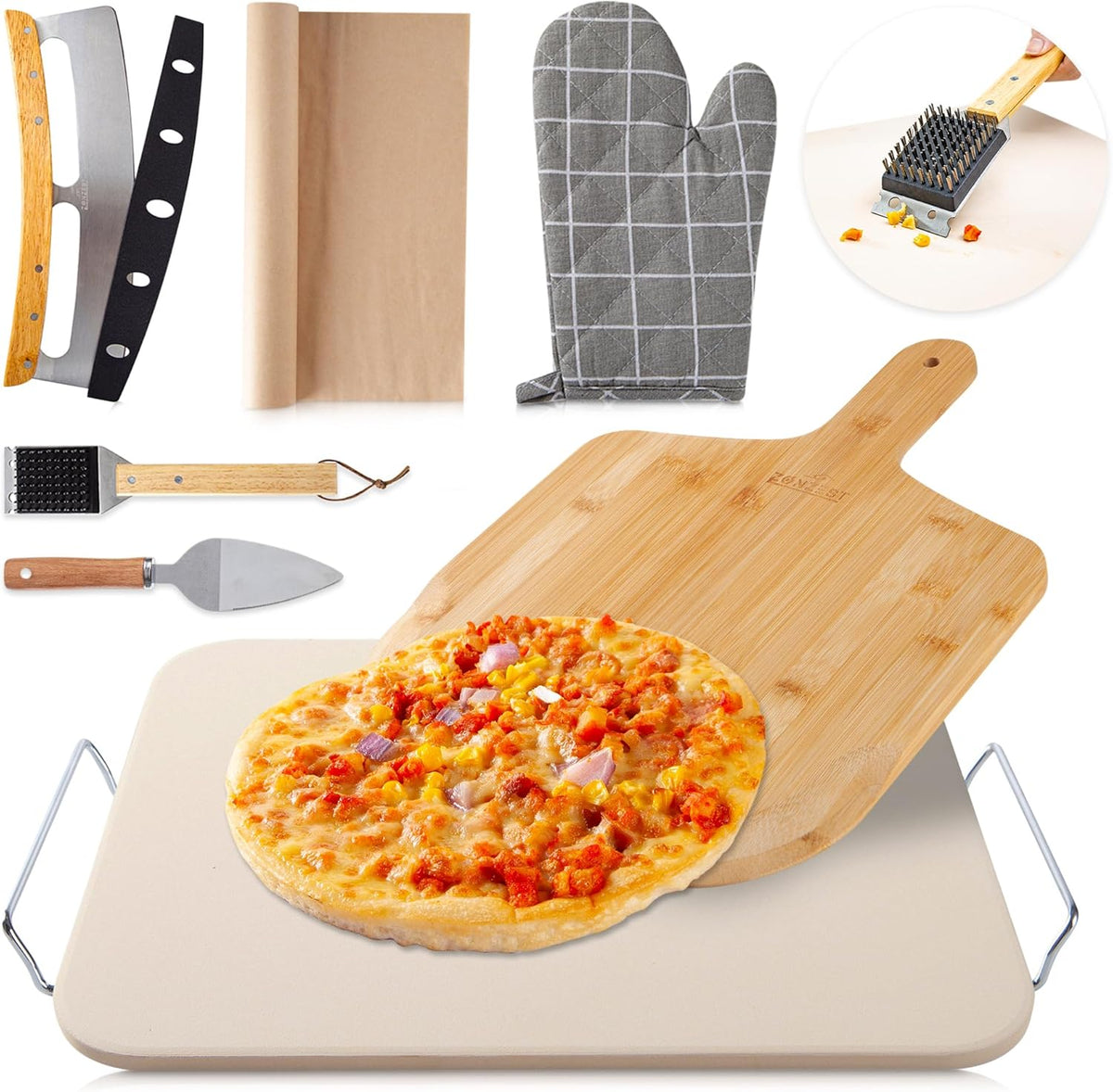 8 PCS Pizza Stone Set, Extra Large 15×12 Inch Pizza Stone for Grill, Rectangle Baking Sone With Pizza Kit for Pizza, Bread, BBQ Grilling, Pizza Peel Set