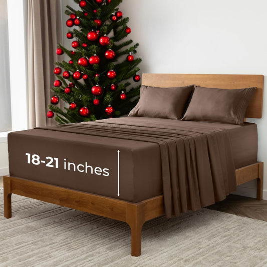 Mellanni Extra Deep Split King Sheets - 5 PC Iconic Collection Bedding - Hotel Luxury, Ultra Soft, Cooling Bed Sheets - Wrinkle, Fade, Stain Resistant (Split King, Brown)
