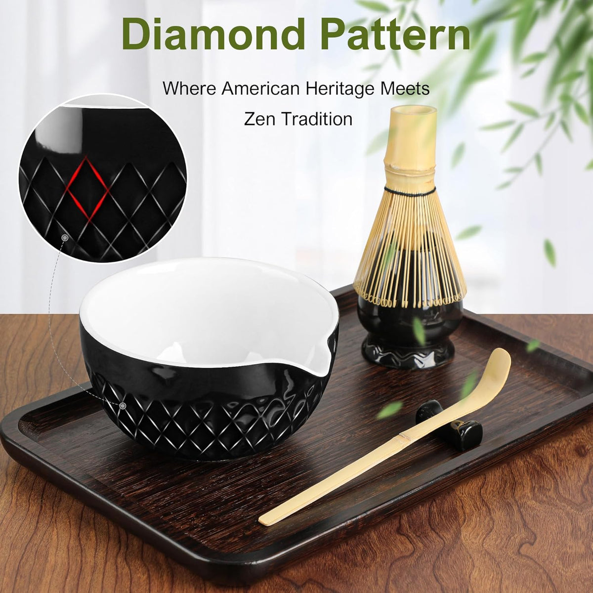 Matcha Whisk Set, 7 Pcs Matcha Kit, Ceramic Matcha Set Includes Matcha Bowl with Spout, Matcha Whisk and Holder, Bamboo Scoop, Scoop Rest, Sifter and Tea Towel (Onyx Black)