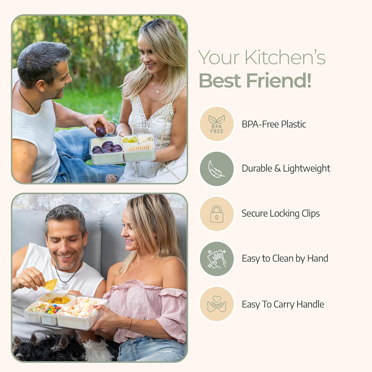 Mason & Meadow Small Snackle Box Container - Travel Snack Box Container - Snacklebox - Divided Serving Tray With Lid and Handle - Portable Snack Tray With Lid - Snackle Boxes (4 Compartments - Cream)
