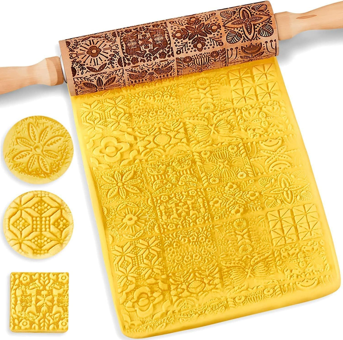 Christmas Wooden Rolling Pin for Baking Engraved Embossing Rolling Pin Cookie Stamps Roller Square Grid Cookies Mold Kitchen Decor Tools for Baking Embossed Cookies (European Fashion)