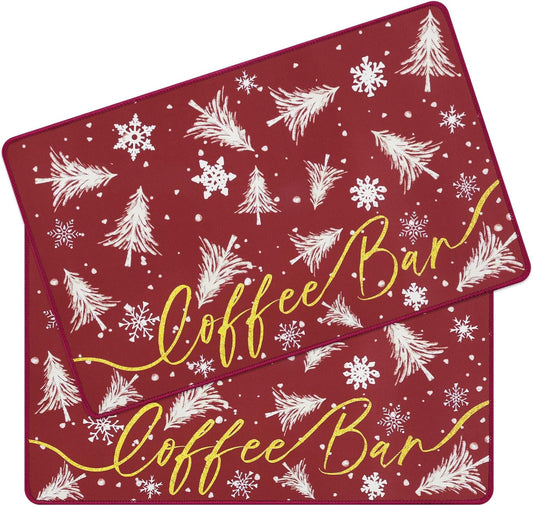 SHACOS Christmas Coffee Mat 2-Pack 12x19 Absorbent Non Slip Coffee Maker Mat for Countertop Accessories Heat Resistant, Christmas Red
