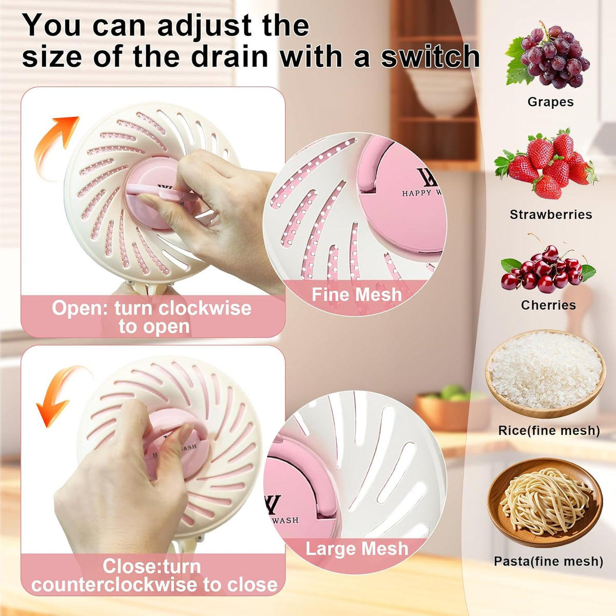 Fruit Washing Bowl with Strainer, Fruit Strainer container with Lid, Portable Fruit Colander with Collapsible Handle, 3 in 1 Fruit Fridge Container Salad Stir Fruit Cleaning Drainer for Kitchen