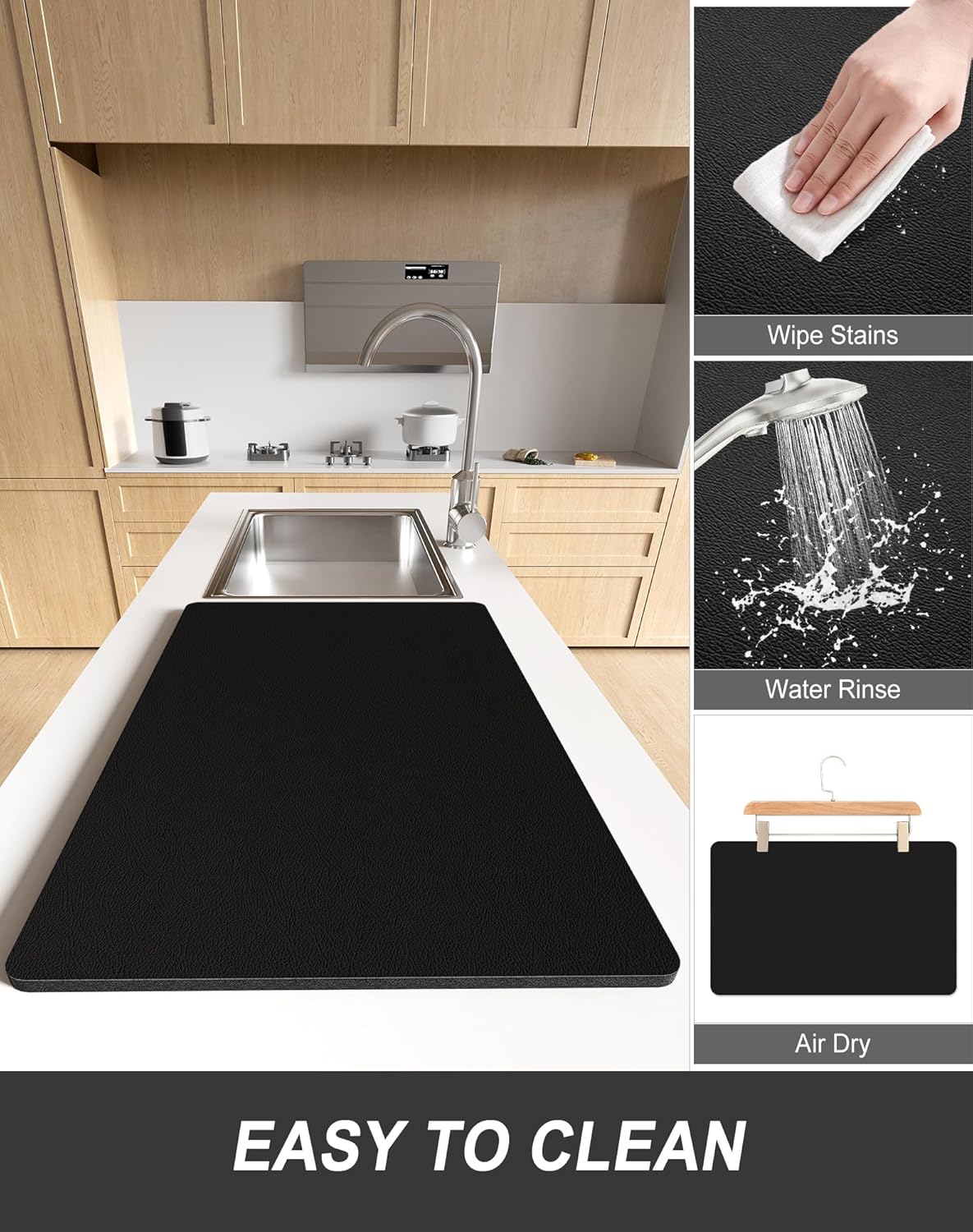 Rnivvi Dish Drying Mat for Kitchen Counter, XL 15 x 24" Super Absorbent Drainer Pad Easy Clean Dish Rack Pad, Non-Slip Heat Resistant Coffee Bar Mat for Coffee Machine Station Accessories Decor, Black
