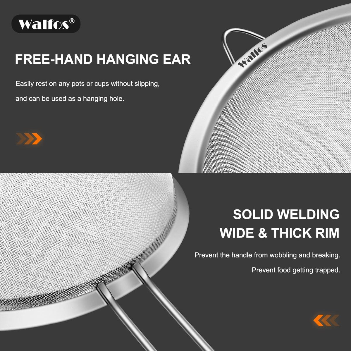 Walfos Fine Mesh Strainers Set, Premium Stainless Steel Colanders and Sifters, with Reinforced Frame Sturdy Handle, Perfect for Sift, Strain, Drain Rinse Vegetables, Pastas Tea - 3 Sizes