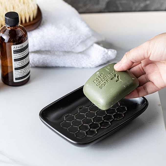 Gomakren Soap Dish for Shower, Bar Soap Holder, Ceramic Soap Dishes for Bar Soap, Halloween Sponge Holder Soap Saver Soap Tray for Bathroom Kitchen Sink, 5.5 Inch, Black