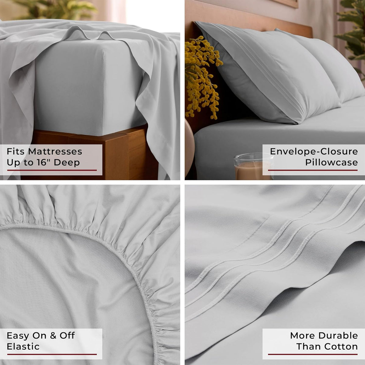 Mellanni Queen Sheets Set - 4 PC Iconic Collection Bedding - Hotel Luxury, Extra Soft, Cooling Bed Sheets - Wrinkle, Fade, Stain Resistant (Queen, Light Gray)