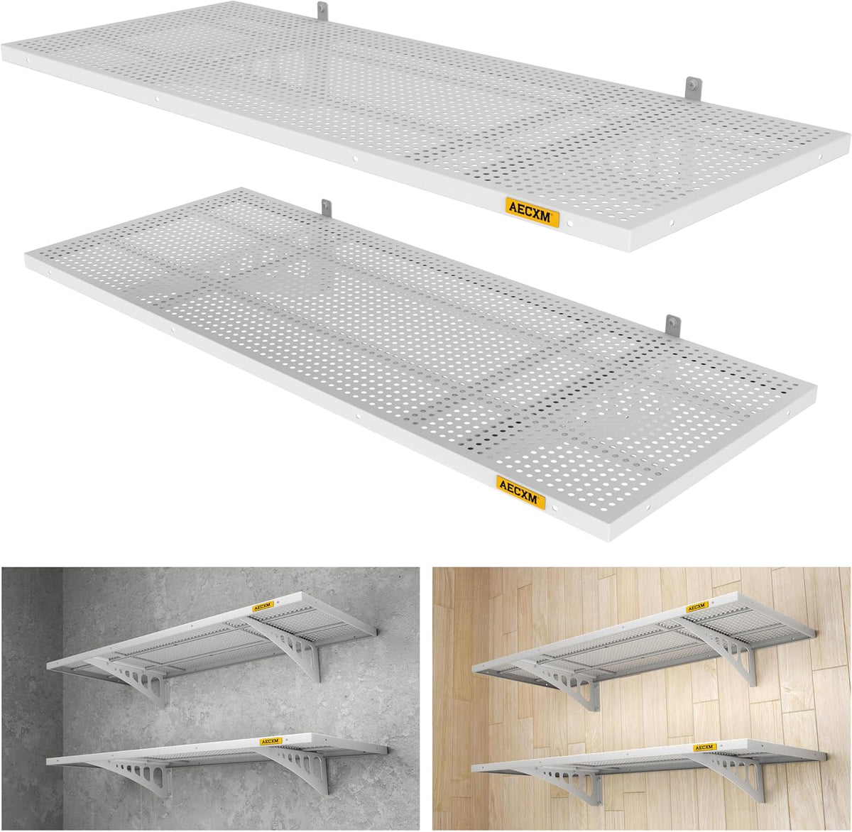 2-Pack 1.64x4ft Adjustable Garage Wall Shelving 560lbs Load Capacity Heavy Duty Wall Mounted Storage Shelf Metal Floating Shelves for Garage(White)