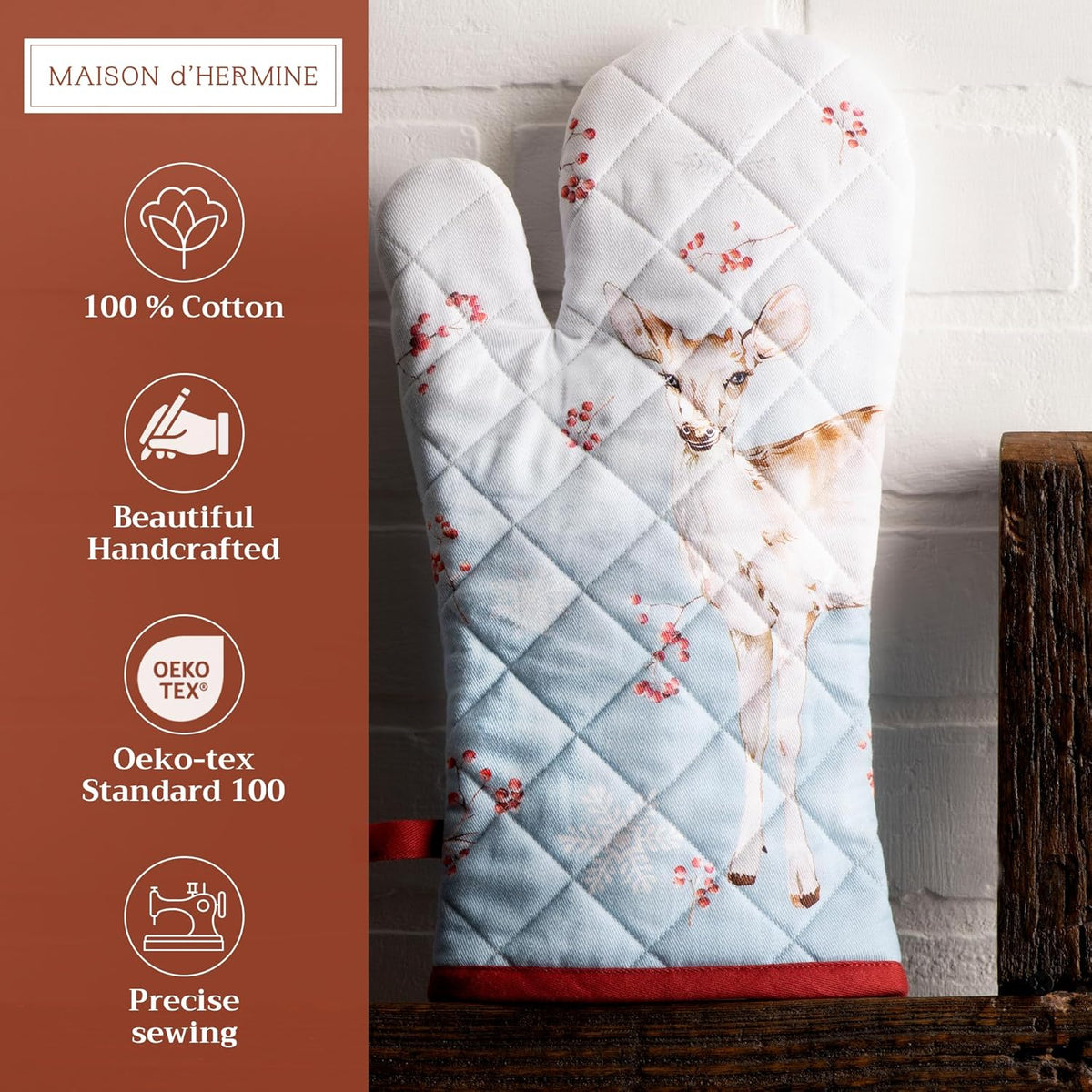 Maison d' Hermine Oven Gloves 100% Cotton Oven Mitt 7" x 13" with Loop Heat Resistant, BBQ, Cooking Gloves, Baking, Grilling, Kitchen, Handling Hot Pans (Pack of 1, Fairytale Forest)