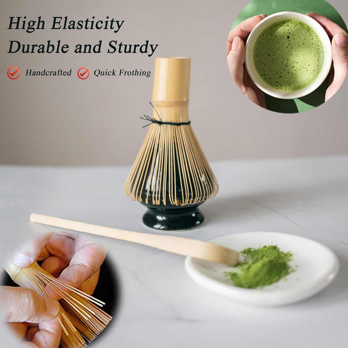 Matcha Tea Set (7pcs) - Matcha Whisk Set with Bowl, Whisk Holder, and Pouring Spout Bowl, Perfect Matcha Starter Kit for Tea Ceremony (Amber Sand)