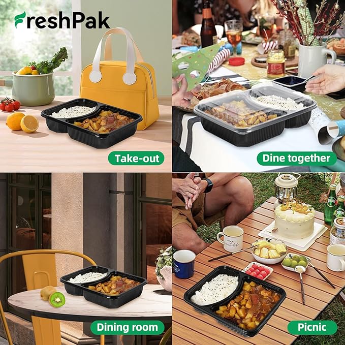 FRESHPAK Takeout Containers Reusable 40 Pack 40oz - Shrink Wrap Leakproof | Portion Control Leftovers Plastic Container with Lid | BPA Free Freezer & Microwave Safe Meal Prep | 2 Compartment Lunch Box