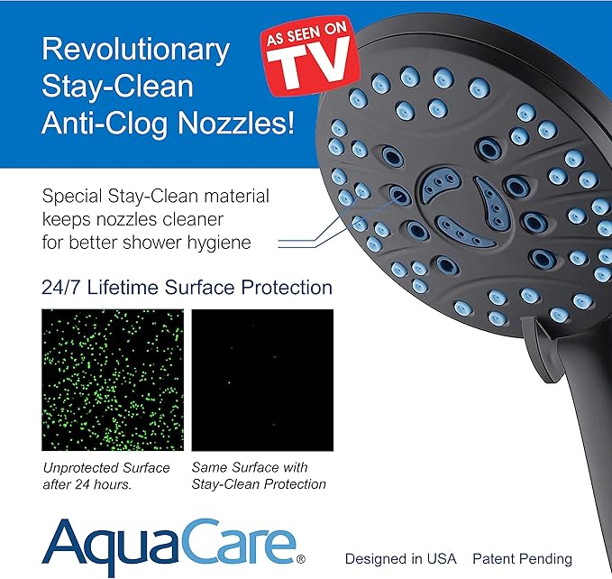 AquaCare High Pressure 8-mode Handheld Shower Head - Anti-clog Nozzles, Built-in Power Wash to Clean Tub, Tile & Pets, Extra Long 6 ft. Stainless Steel Hose, Wall & Overhead Brackets