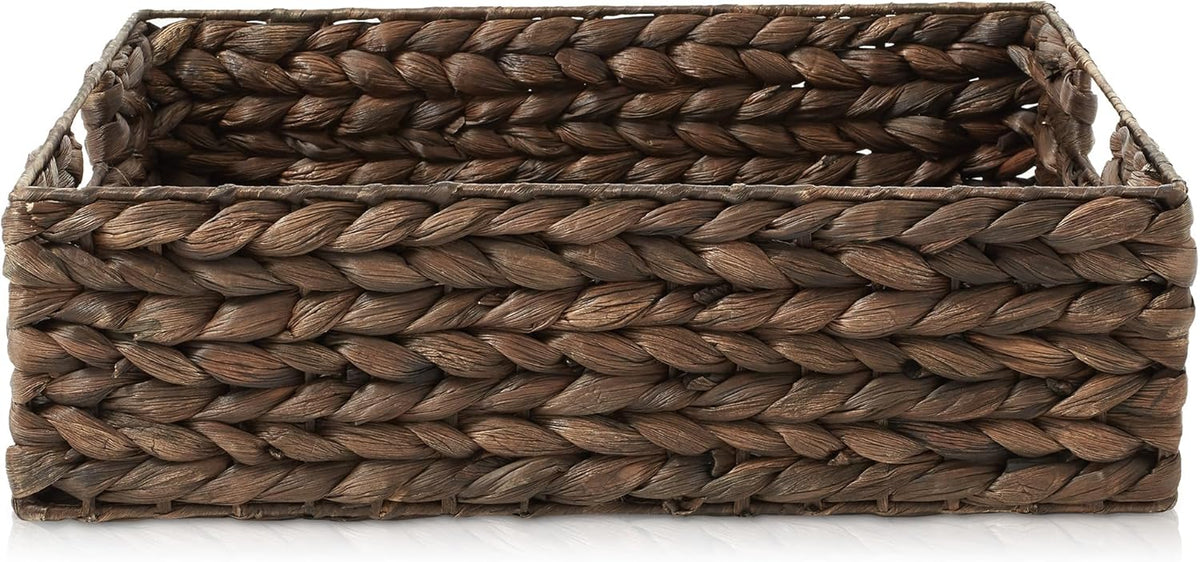 Casafield Set of 4 Water Hyacinth Pantry Baskets, 12-1/2" x 17" x 5", with Chalkboard Labels and Chalk Marker - Espresso, Woven Storage Bin Organizers for Kitchen Shelves