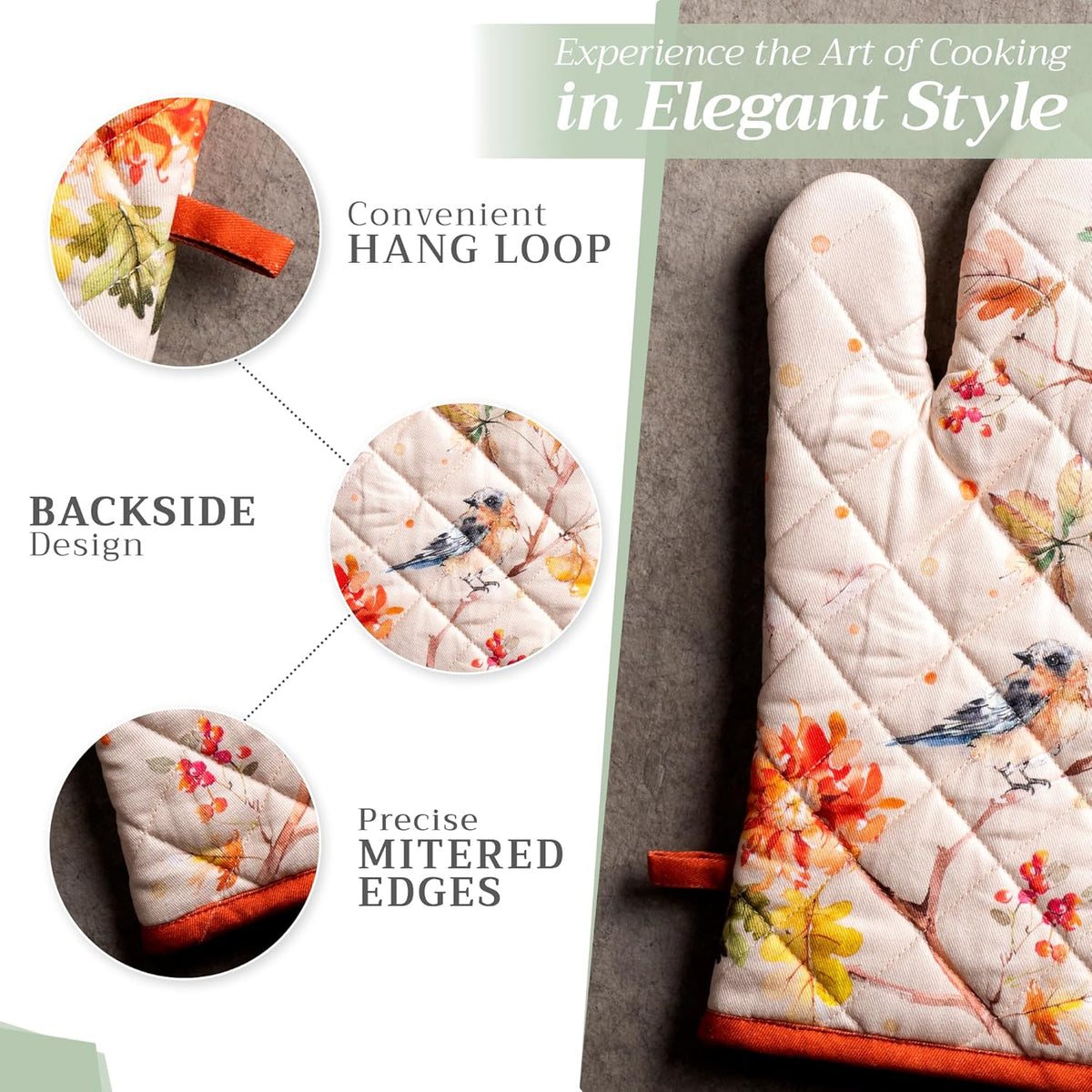 Maison d' Hermine 100% Cotton Oven Mitt & Pot Holder Set (7.5"x13" & 8"x8") Heat Resistant BBQ Cooking Gloves with Loop, Baking, Grilling, Kitchen, Handling Hot Pans (Kelim - Prairie)