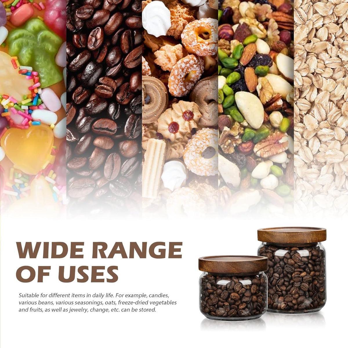 2PCS Small Glass Storage Jars with Airtight Lids, 11 fl oz (300ml) coffee container with Wooden Lid, Glass Pantry Canister for Beans, Rice, Sugar and etc