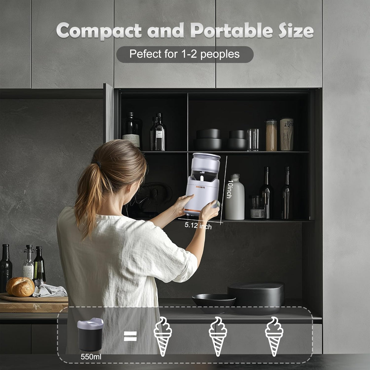 Ice Cream Maker Machine – Premium Electric Mini Maker Machine with Low-Noise Operation, Rechargeable,Perfect for Gelato, Sorbet & Frozen Yogurt, Easy to Clean,Silver