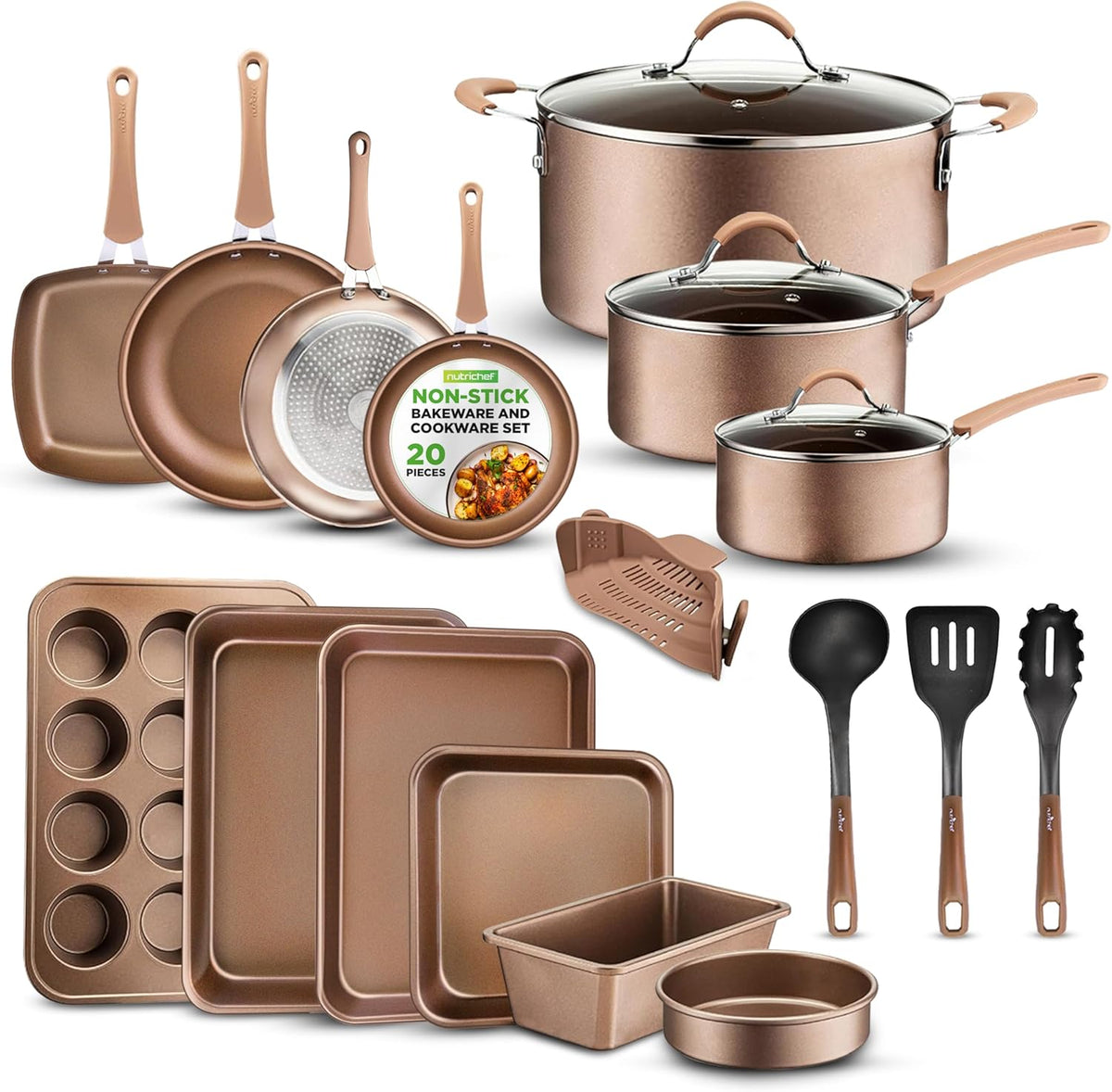 20-Piece Nonstick Kitchen Cookware Set - PTFE/PFOA/PFOS-Free Heat Resistant Lacquer Kitchen Ware Pots Baking Pan Set w/ Saucepan, Frying Pans, Cooking Pots, Oven Pot, Lids, Utensil - NutriChef NCCW20S