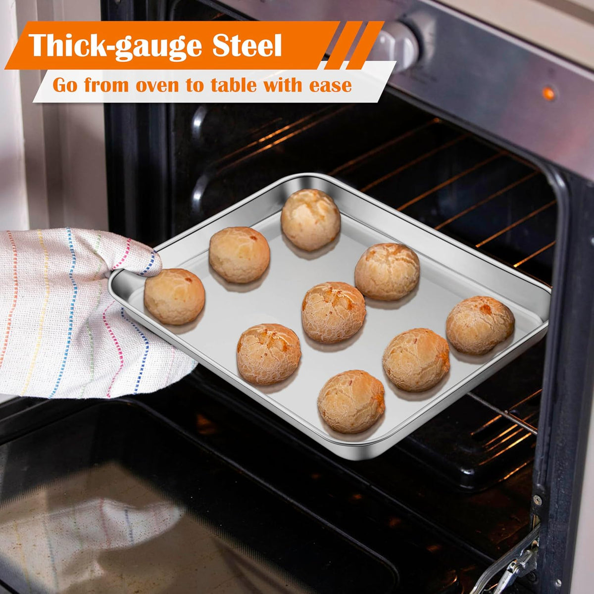E-far Small Baking Sheet Set of 3, 10.5”x8.3” Stainless Steel Cookie Sheets Pans, Compact Non-toxic Metal Toaster Oven Trays for Cake, Healthy & Rust Free, Mirror Finish & Dishwasher Safe