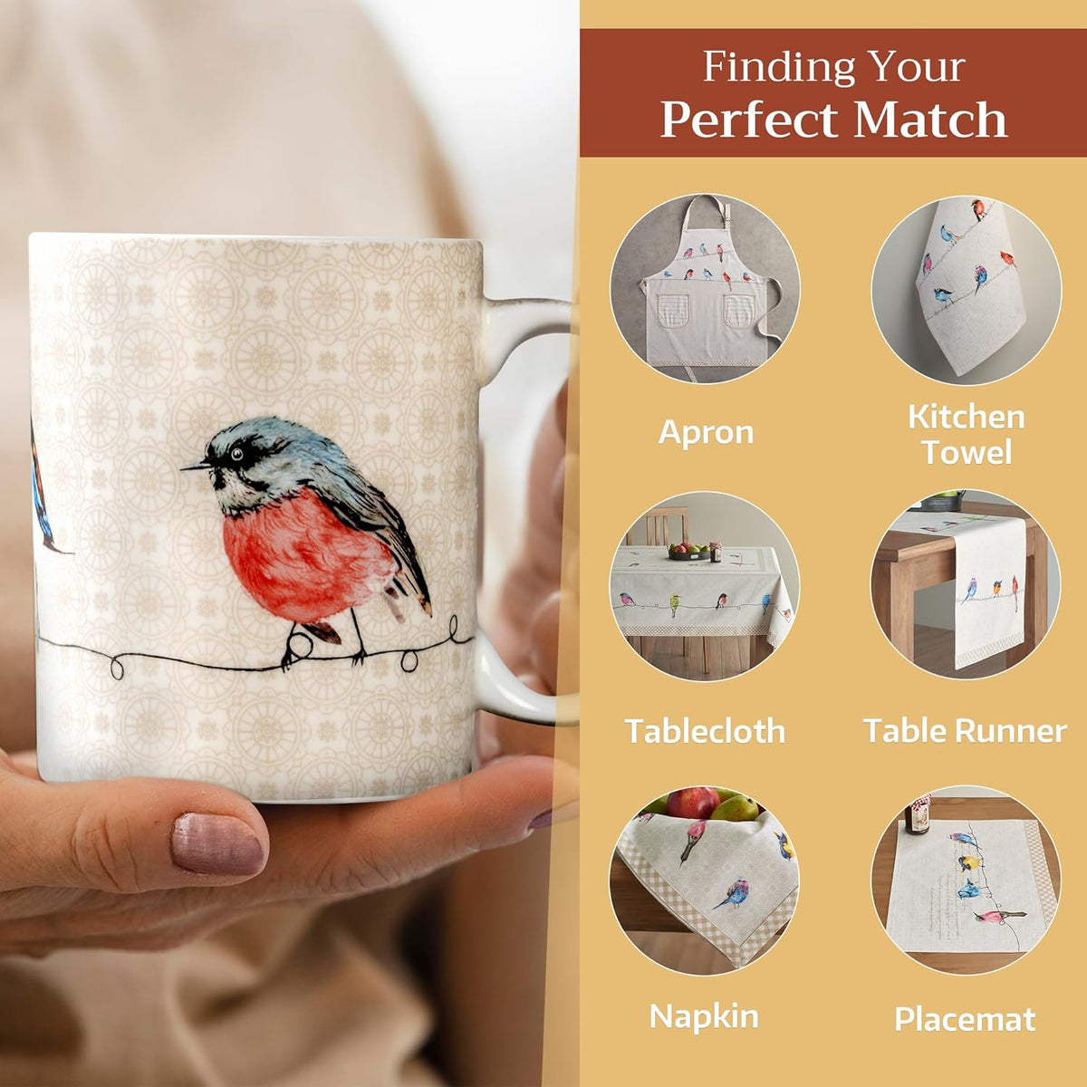 Maison d' Hermine Coffee Mug with Handles Fine Bone China Mugs Pack of Two Tea Cups for Hot Beverages Cappuccino Latte Home Restaurant Office Perfect for Gift (Birdies On Wire, 12 Ounce)