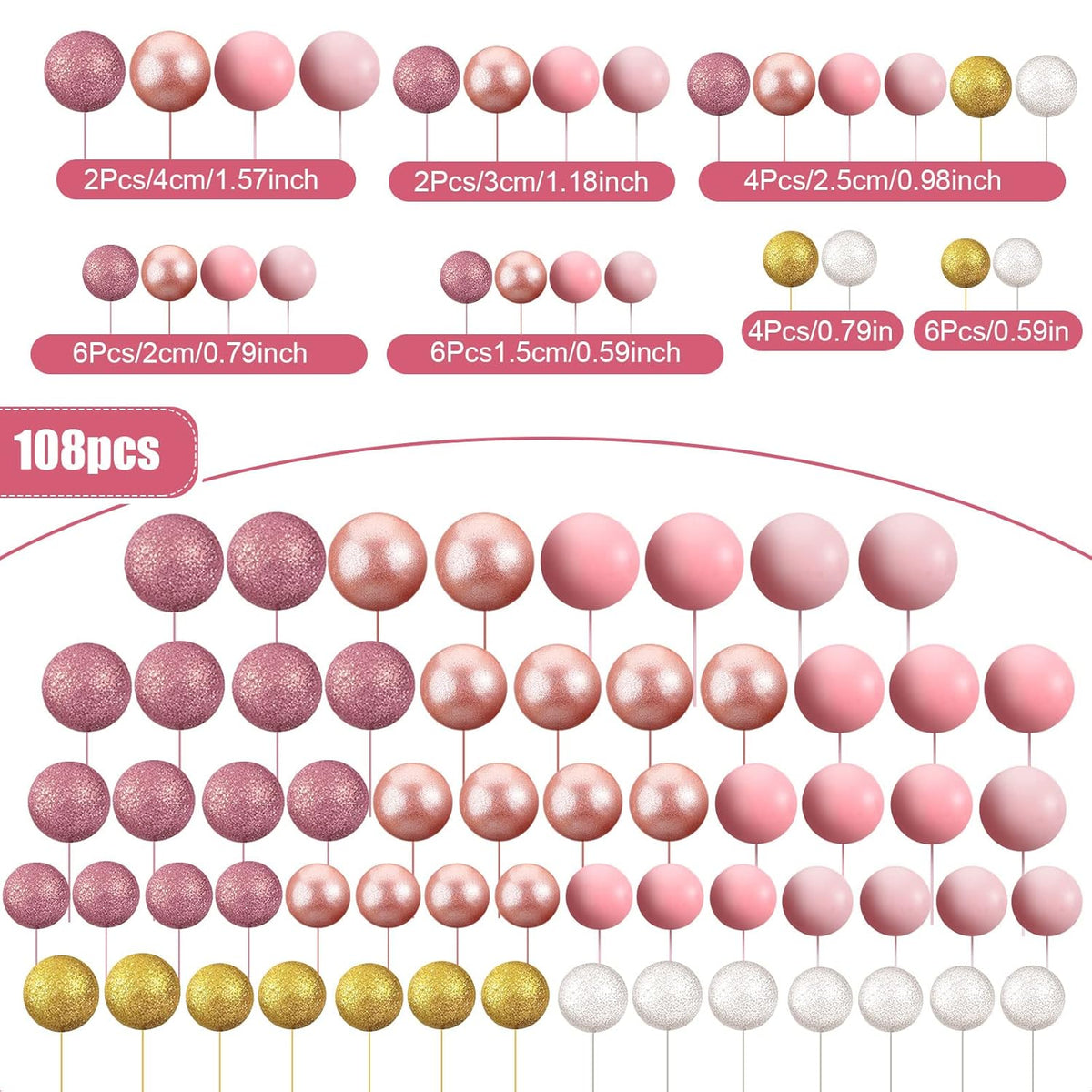 108 Pcs Balls Cake Topper DIY Cupcake Insert Foam Balloons for Cake Baking Wedding Anniversary Birthday Decoration(Assorted Pink, White, Gold,Multi Sizes)