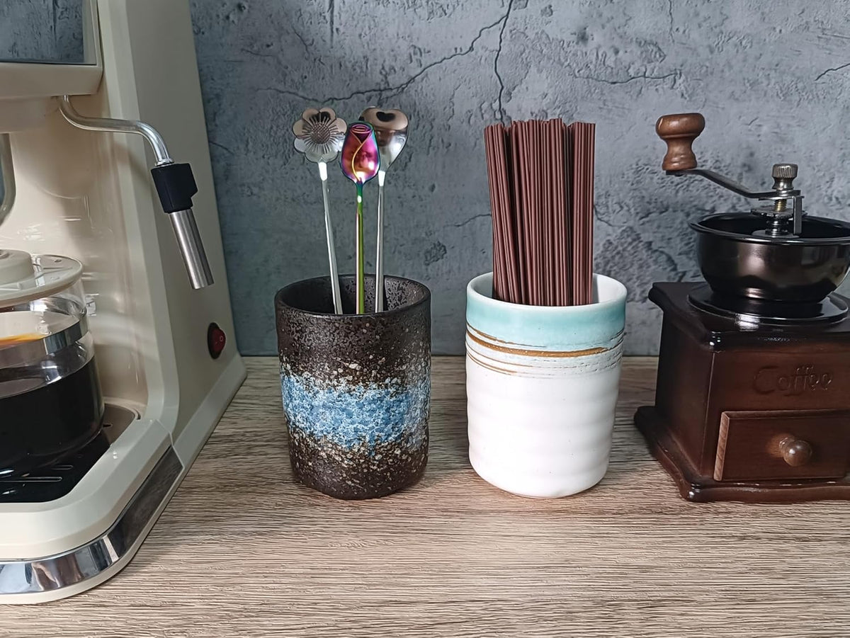 Stoneware Coffee Bar Utensil Holder Tea & Coffee Spoon & Stirrer Holder for Stir Stick Straw Teaspoon Holder Spoon Cup Small Utensil Jar (Sea Water)