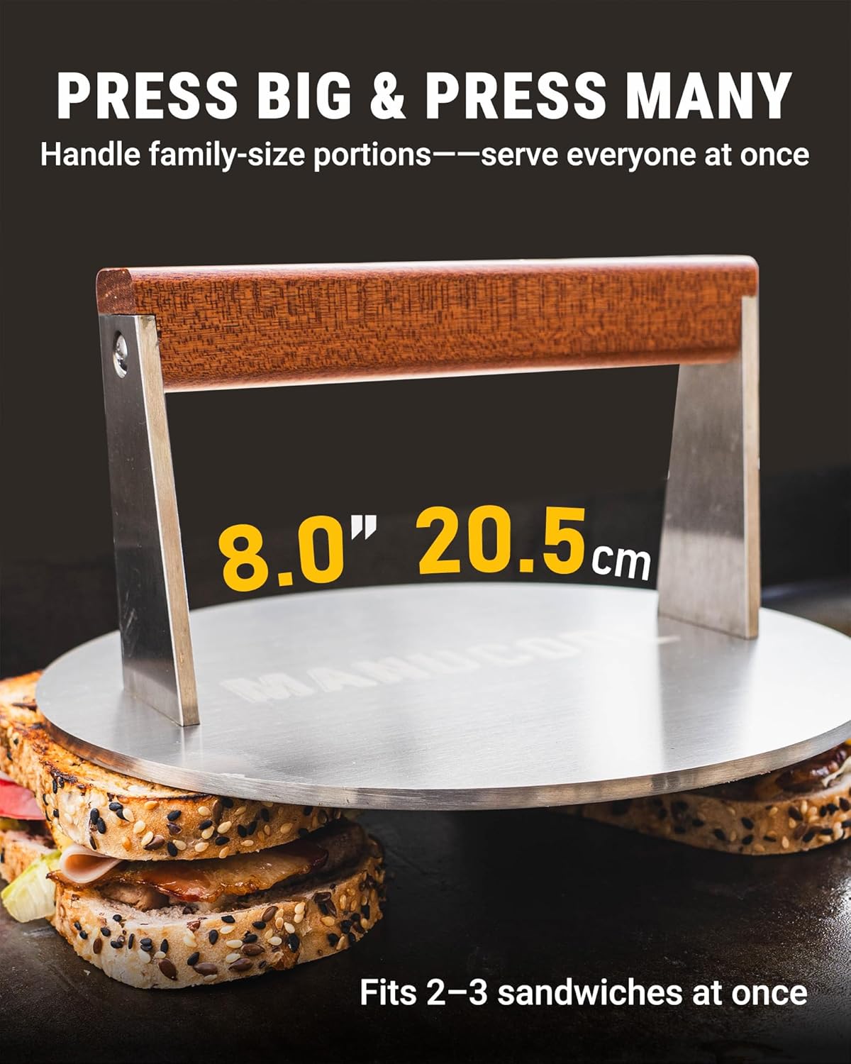 Smash Burger Press 8 Inch, 3.1 Lb Burger Smasher, Heatable for Searing Panini, Steak, Chicken, Salmon, Stainless Steel Bacon Press, Flat Bottom, Seasoning Free, Wooden Handle No Spin