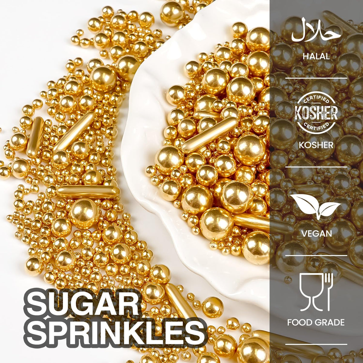 Gold Pearl Rods Sprinkles for Cake Decorating, Edible Sugar Pearls Rods Candy, 150g/5.29oz, Mix Size Cake Topper Donuts Cupcake Cookie Dessert Decorations, Holiday, Wedding Party, Easter Supplies