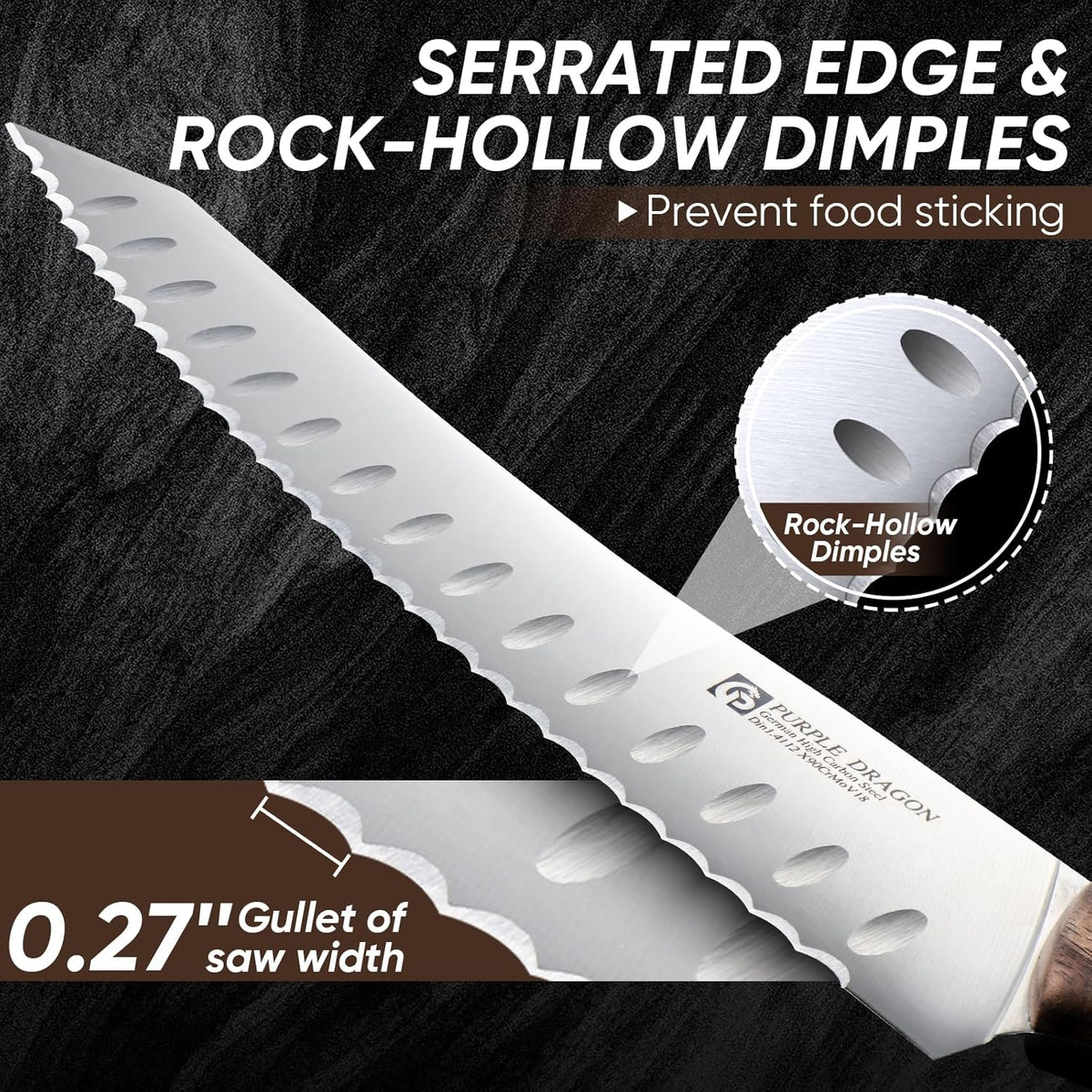 Purple Dragon Bread Knife, Serrated Knives for Homemade Bread Sourdough, German High Carbon Steel Cake Knife and Fruits Cutting, Gift Box, Anniversary Idea Gift for Father Dad - Pointed