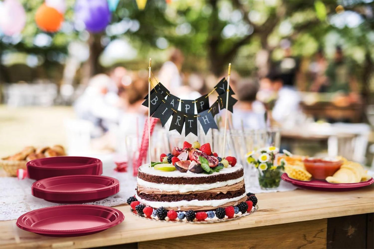 Exquisite Party Solids Burgundy Plastic Plates For Party 9" Burgundy Disposable Plates Heavy Duty Supplies 100 Pcs Plastic Dinnerware Sets Heavy Duty 350 GSM Disposable Dinnerware Set