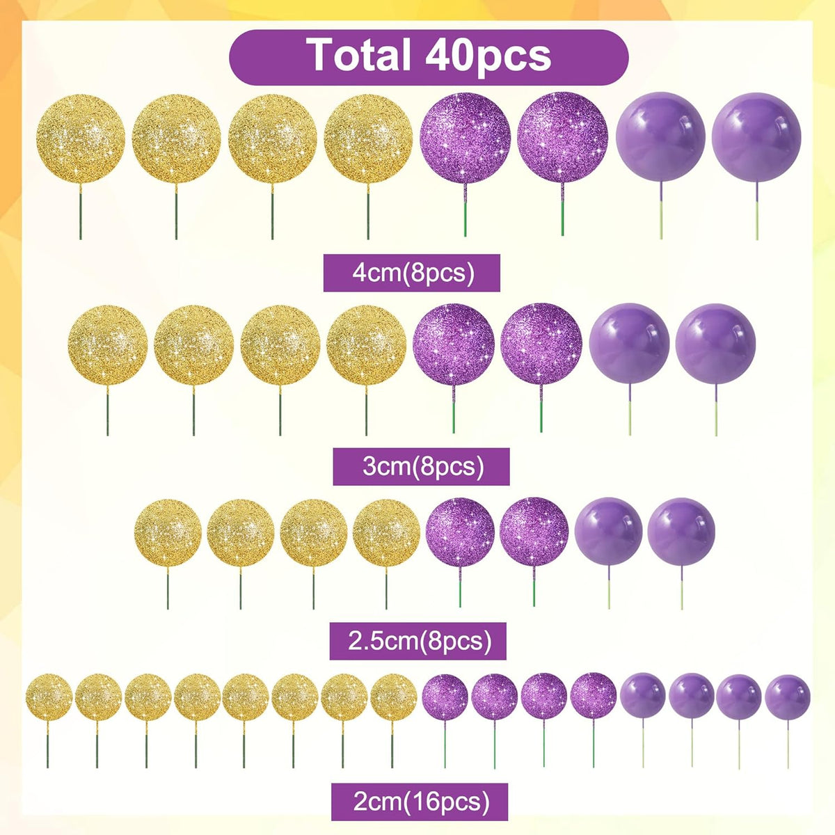 BEISHIDA 40 Pcs Ball Cake Toppers Mini Balls Cake Decorations Purple Gold Foam Balls DIY Cake Topper for Baking Congrats Grade 2025 Graduation Birthday Mardi Gras Lakers Decorations (Purple Gold)