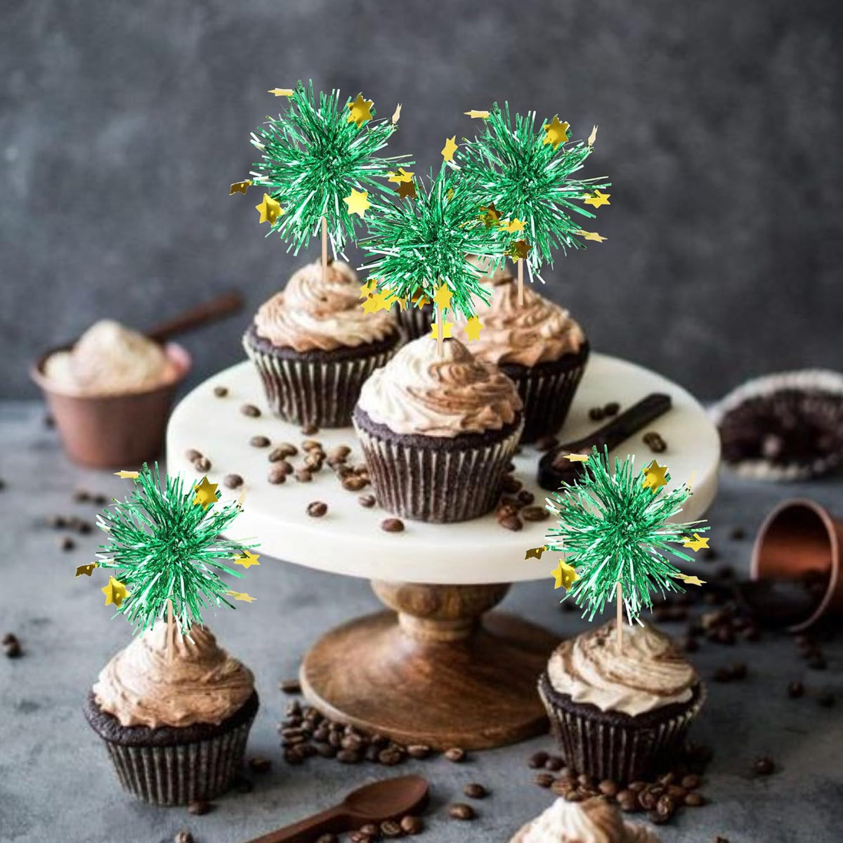 30 PCS Foil Firework Cupcake Toppers Happy Birthday Star Cupcake Picks Sparkle Tinsel Drink Stirrers Cocktail Fruit Toothpicks for Valentine's Day Wedding Birthday Party Decorations Supplies Green