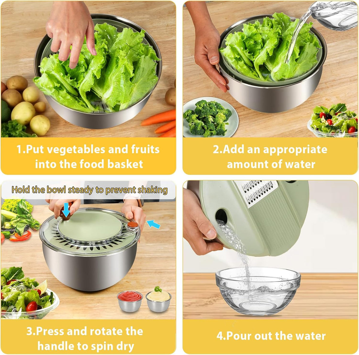 Stainless Steel Salad Spinner Large with 5 Blades Slicer, Lettuce Washer Spinner and Dryer, Vegetable Fruits Chopper Bowl, Egg Yolk Strainer Comes with Dipping Saucers and Clip, 5.3Qt