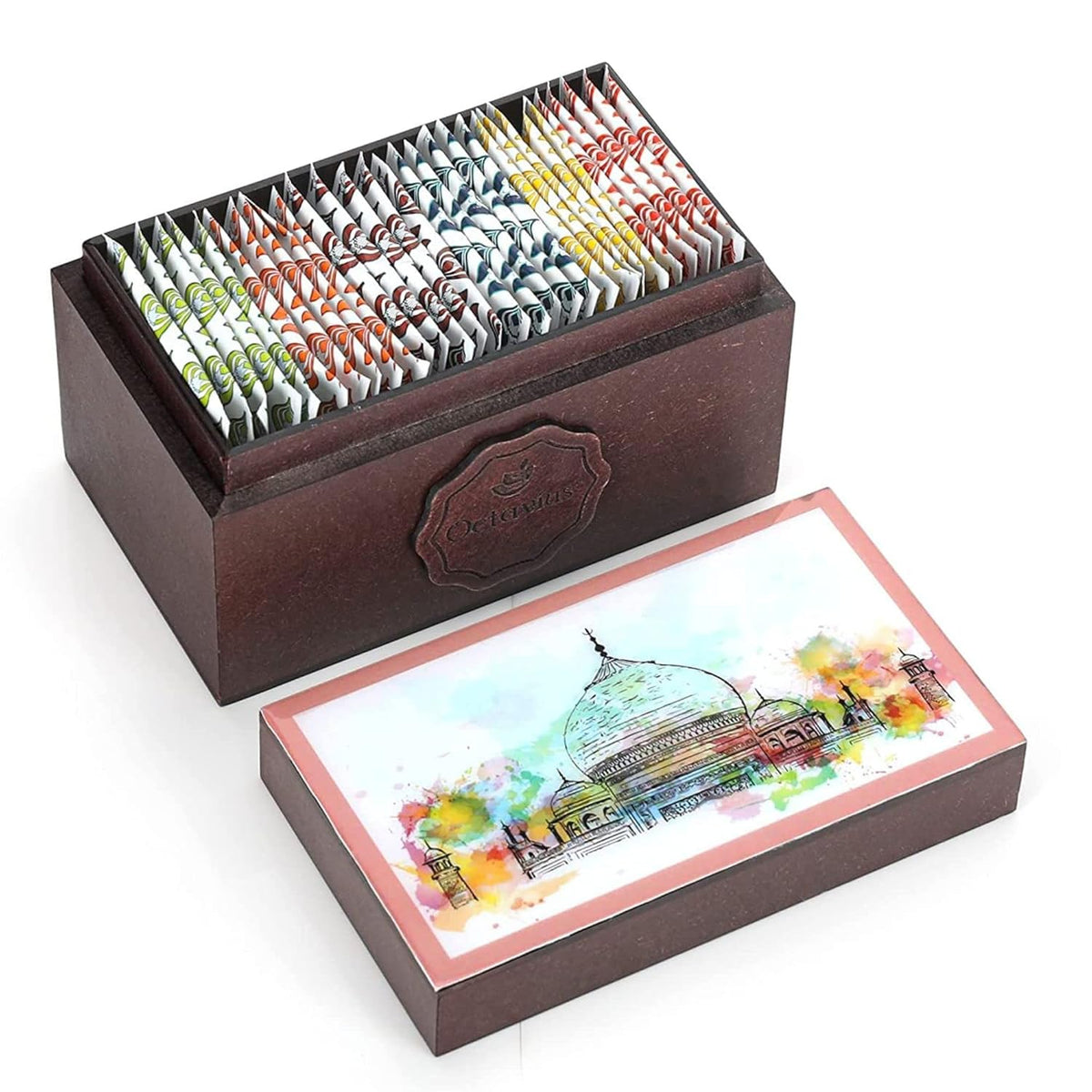 Octavius Assorted Tea Gift Set | 6 Assorted Black & Green Teas | 30 Teabags | Wooden Tea Sampler Pack w/Taj Print Design | Pack of 1