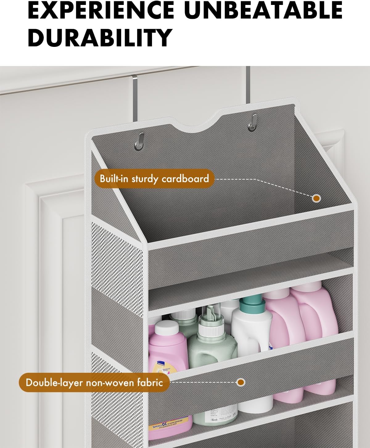 Over The Door Organizer Hanging - 6 Shelf Over Door Organizers with 6 Clear Front & 12 Side Pockets - Swing-proof 50LB Load Behind Door Storage for Closet Bedroom Bathroom Nursery Baby Essentials
