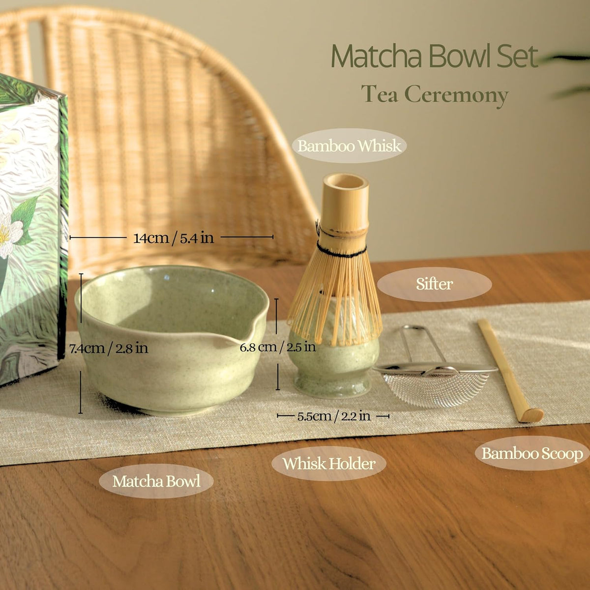 Matcha Whisk Set, Matcha Set, Handcrafted Bamboo Chasen & Ceramic Bowl Matcha Kit, 5 Pcs Matcha Set Whisk and Bowl with Stainless Steel Sifter, Bamboo Scoop & Holder for Matcha Tea Ceremony, Jade