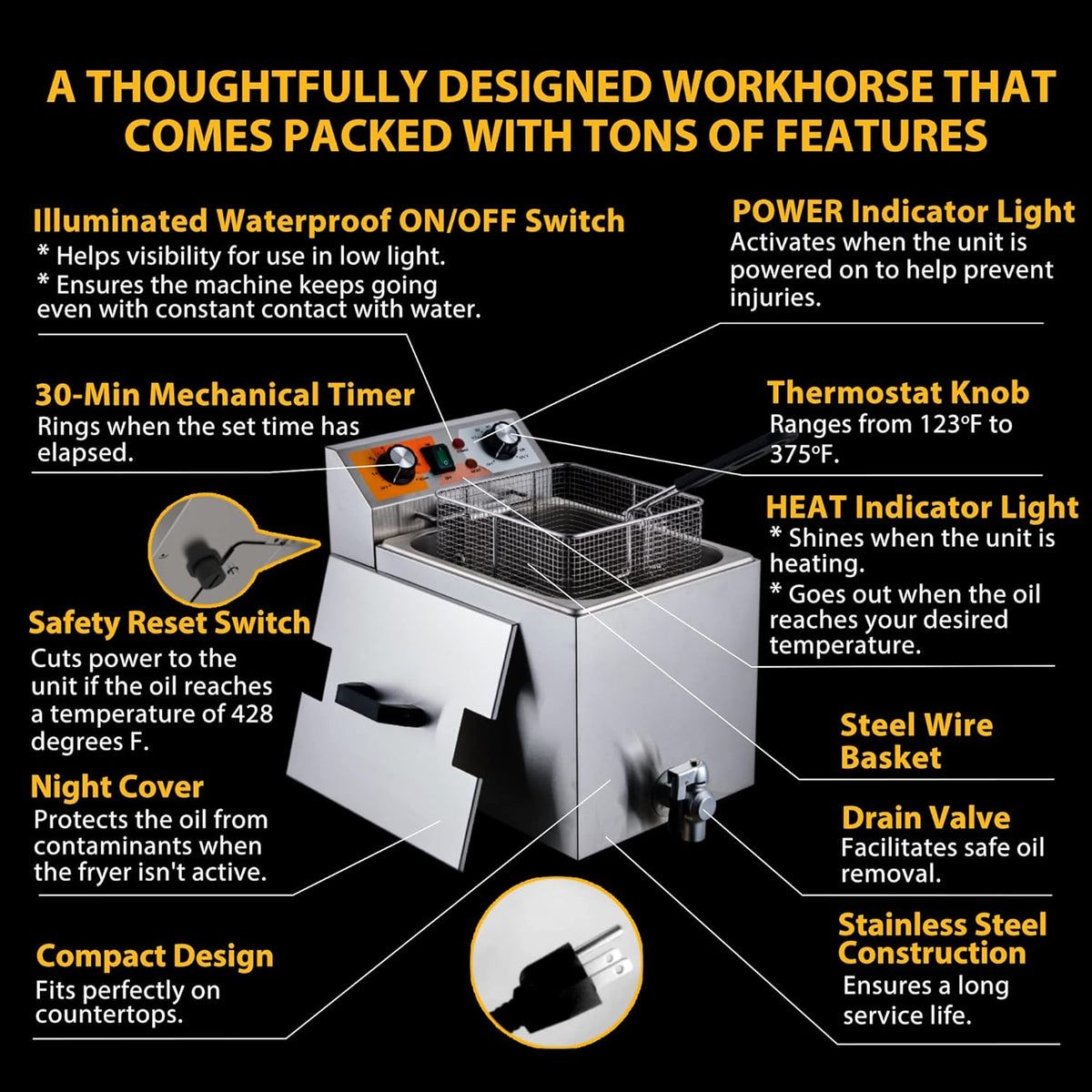 14 Qt. Electric Countertop Commercial Deep Fryer with 6.8 Qt. Basket, for Restaurant and Home - 120V, 1700W, Stainless Steel Build