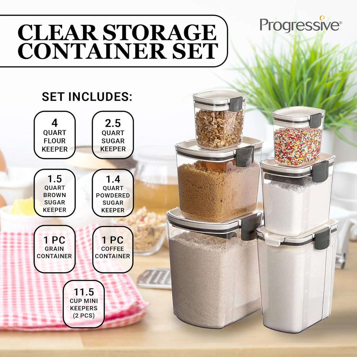 Progressive ProKeeper Baker's Airtight Kitchen Storage Canister Container Set for Flour, Sugar & More, Keeps Ingredients Fresh, with Accessories (Multicolor, 8- Piece)