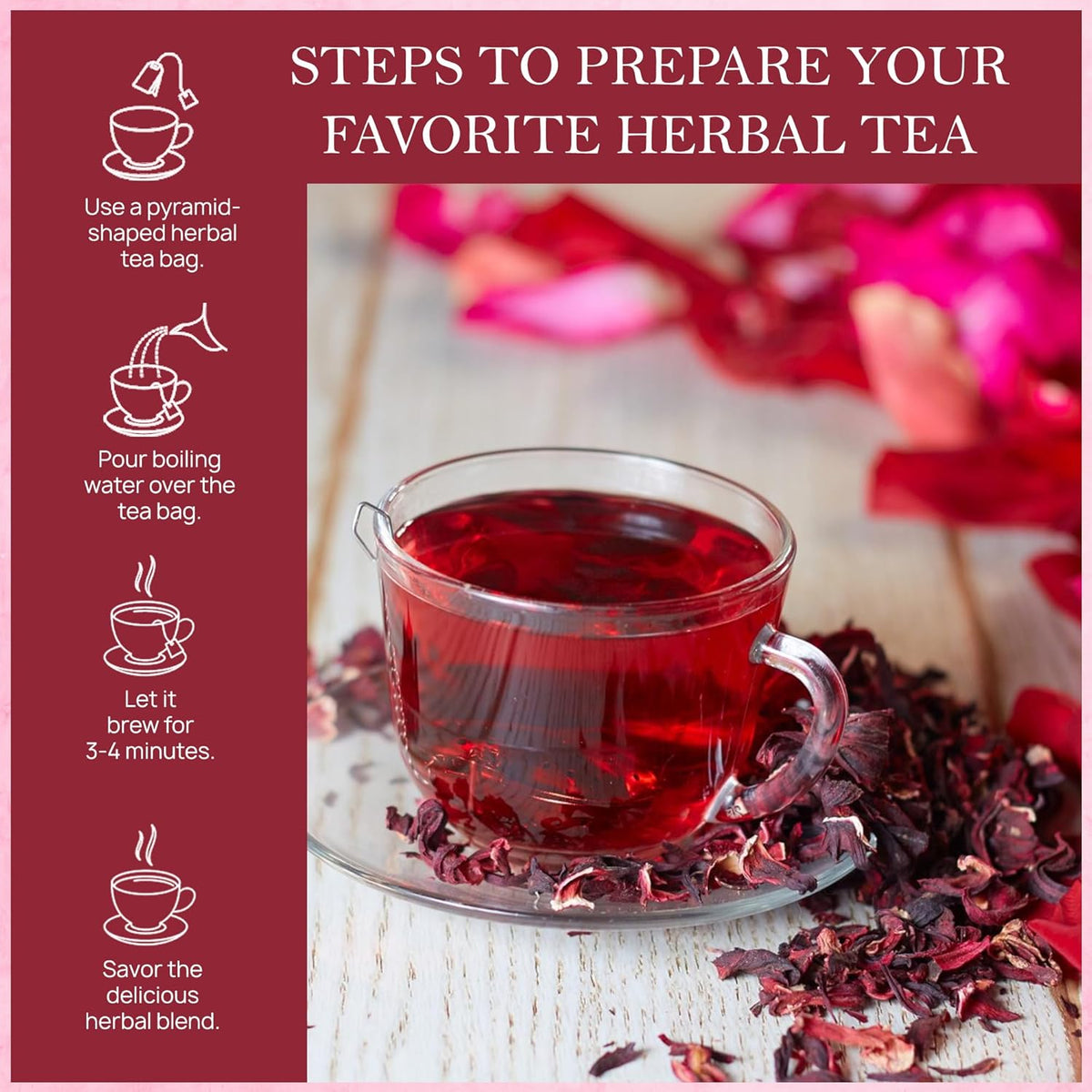 Tealeaf & Co. Hibiscus Tea with Hibiscus Flowers Extract - Pure Herbal Tea Bags Blended with Fresh Herbs - Flavored Herbal Blend - Low Caffeine - Gluten Free - 50 Teabags