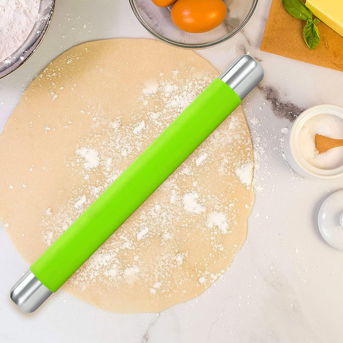Rolling Pin Dough Roller for Baking with Thickened Non Stick Silicone Metal Handle Rolling Pin Stainless steel Fondant Roller Pin Cookie Pastry Kitchen Accessories 13.8 X 1.5 Inches
