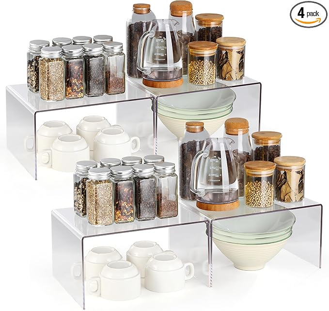 Acrylic Kitchen Cabinet Organizer Shelf, Spice Rack, Plate and Cupboard Storage Riser, Versatile Pantry Shelf, Durable Clear Countertop Organizer for Home and Kitchen(4 PCS)