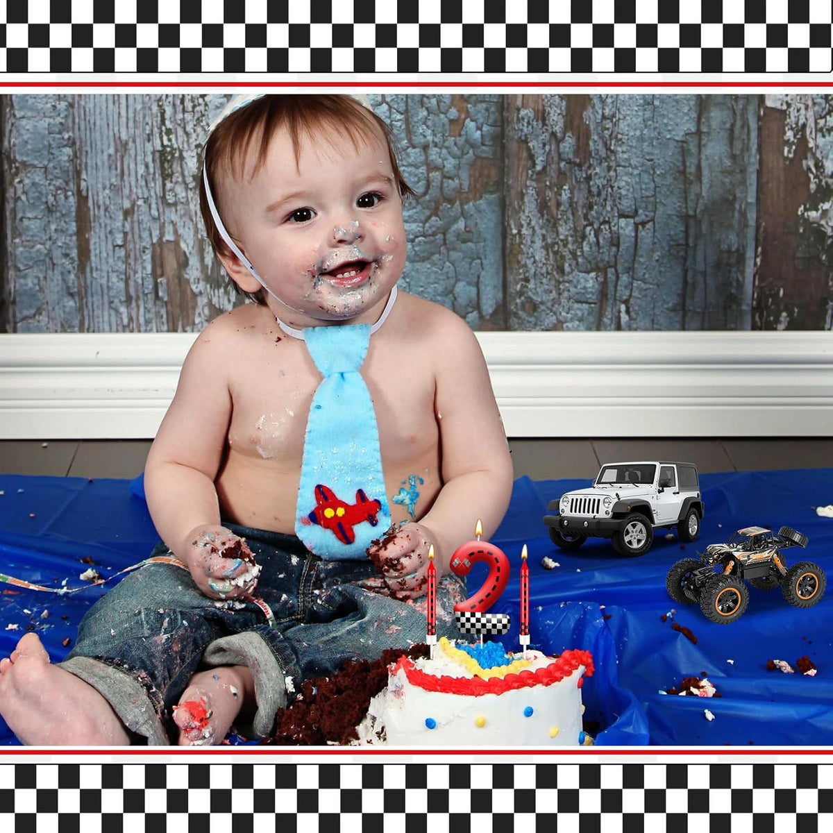 13PCS Racing Car Theme Birthday Candle Set with Checkered Flag Design - Durable Cake Topper for Race Car Party Decorations, Kids Birthday Supplies - Number 2 Candle for Racing-Themed Celebrations
